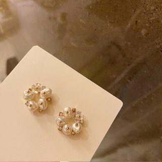 Faux Pearl Hoop Earring 1 Pair - Silver Needle - Gold Plating - Gold - One Size