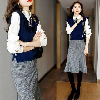 Bow Accent Shirt / Plain Vest / Plaid Mermaid Midi Skirt / Set