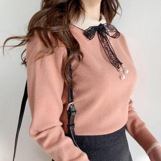 Lace Beribboned Collared Knit Top Apricot - One Size