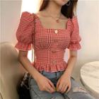 Square Neck Check Short-sleeve Top