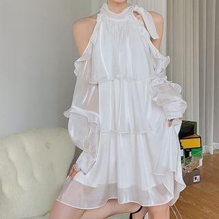 Long-sleeve Cold Shoulder A-line Dress White - One Size