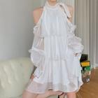 Long-sleeve Cold Shoulder A-line Dress White - One Size