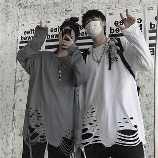 Plain Crewneck Loose-fit Irregular Long-sleeve T-shirt