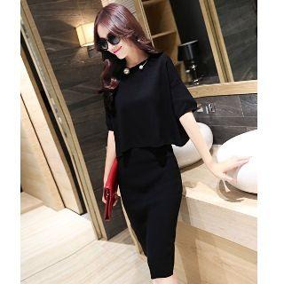 Set: Elbow-sleeve Cropped Top + Plain Pencil-cut Skirt