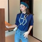 Elbow-sleeve Tie-neck Knit Top Blue - One Size