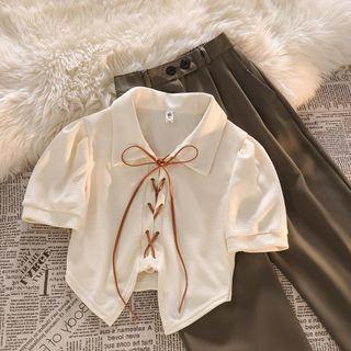 Short-sleeve Lace-up Top / High Waist Wide Leg Pants