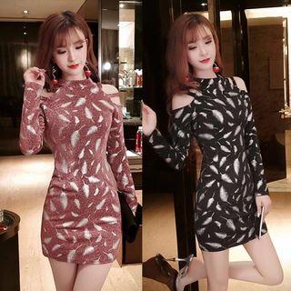 Long-sleeve Cold-shoulder Feather Print Mini Bodycon Dress