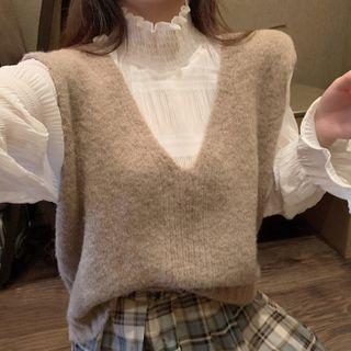 Long-sleeve Ruffled Mock-neck Blouse / Knit Vest / Plaid Mini A-line Skirt
