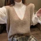 Long-sleeve Ruffled Mock-neck Blouse / Knit Vest / Plaid Mini A-line Skirt