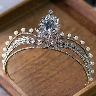Wedding Faux Pearl Rhinestone Tiara White & Gold - One Size