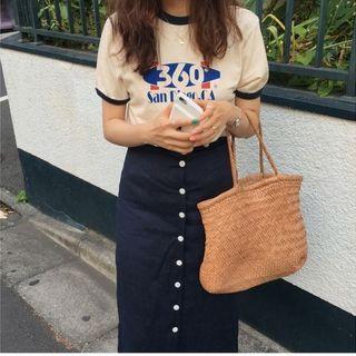 Lettering Short-sleeve Ringer T-shirt / Button Midi Straight-fit Skirt