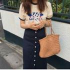 Lettering Short-sleeve Ringer T-shirt / Button Midi Straight-fit Skirt