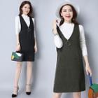 Set: Plain Long Sleeve Knit Top + Zip Detail Pinafore Dress