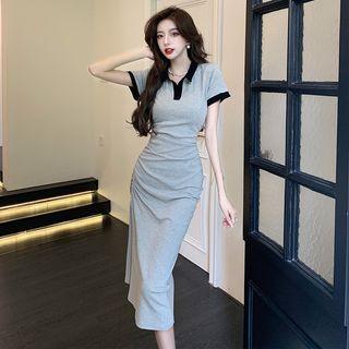Drawstring Slit Midi Bodycon Polo Dress