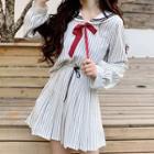 Striped Tie Neck Blouse / Pleated A-line Skirt