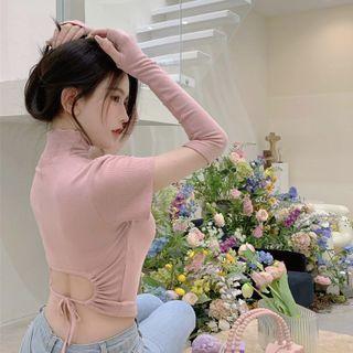 Turtleneck Plain Cropped Top Pink - One Size