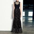 Sleeveless Cutout Tasseled Evening Gown