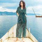 3/4-sleeve Floral Print Chiffon Jumpsuit