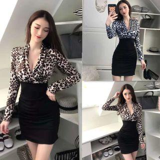 Leopard Print Panel Long-sleeve Sheath Dress
