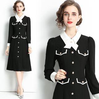 Long-sleeve Front-pocket Collared Midi A-line Dress