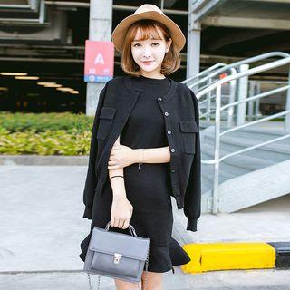 Set: Plain Cardigan + Sleeveless Knit Dress