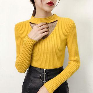 Mock-neck Sheer Panel Knit Pullover