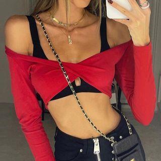 Set: Long Sleeve Twist-front Crop Top + Camisole Top