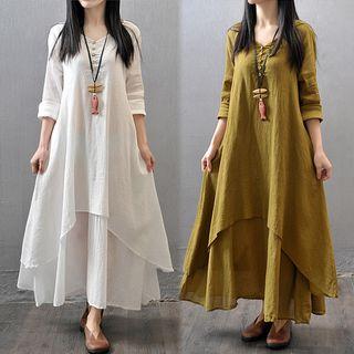 3/4-sleeve Linen Maxi A-line Dress