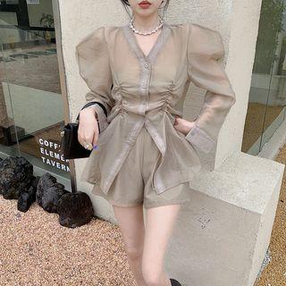 Puff-sleeve V-neck Drawstring Shirt / High-waist Wide-leg Shorts