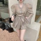 Puff-sleeve V-neck Drawstring Shirt / High-waist Wide-leg Shorts
