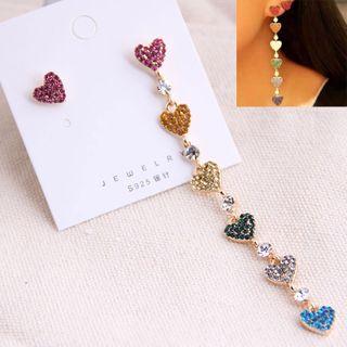 Non-matching Rhinestone Heart Dangle Earring 1 Pair - Asymmetric - Multicolor - One Size