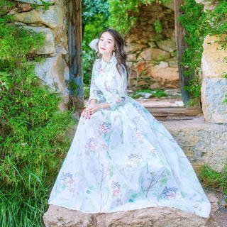 Floral Print Collared 3/4 Sleeve Midi Dress