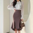 Set: Ruffled Blouse + Lace Panel Pencil Skirt + Bow Tie