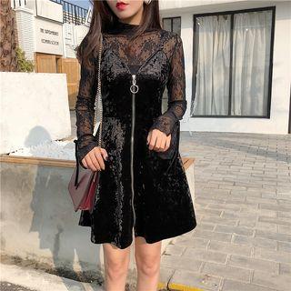 Set: Long-sleeve Lace Top + Strappy Velvet A-line Dress