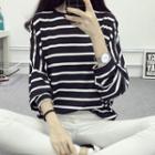 3/4-sleeve Striped Loose-fit T-shirt As Shown In Figure - One Size