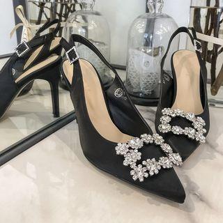 Rhinestone-buckle Pointy Slingback Satin Stilettos