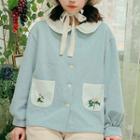 Peter Pan-collar Flower Embroidered Blouse Blue - One Size