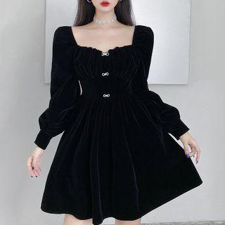 Long-sleeve Square Neck Bow-accent Velvet Mini A-line Dress