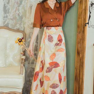 Set: Short-sleeve Double-breasted Shirt + Leaf Print Midi A-line Skirt