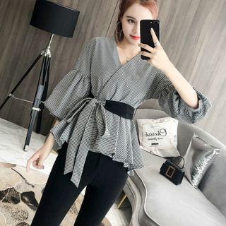 Plaid Balloon-sleeve Peplum Blouse
