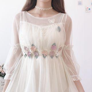 Set: Flower Detail Mesh 3/4-sleeve A-line Dress + Slipdress
