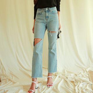 Slit-detail Distressed Straight-cut Jeans