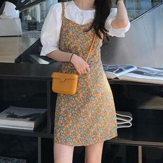 Puff-sleeve Top / Spaghetti Strap Floral Print A-line Mini Dress