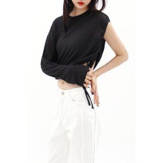 Asymmetric-sleeve Cropped T-shirt Black - One Size