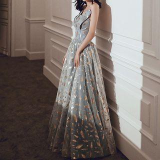 Off-shoulder Feather Print A-line Evening Gown