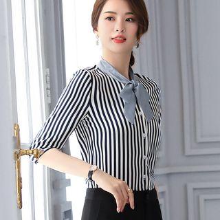 Elbow-sleeve Patterned Ribbon Shirt / Mini Pencil Skirt / Dress Pants