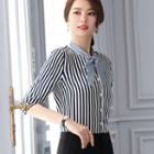 Elbow-sleeve Patterned Ribbon Shirt / Mini Pencil Skirt / Dress Pants