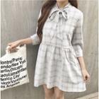 Plaid 3/4 Sleeve Bow Accent Dress