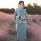 Set: Flower Embroidered Vest + Long-sleeve Midi Qipao