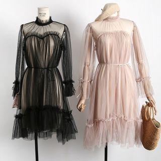 Sheer-panel Ruffled A-line Dress